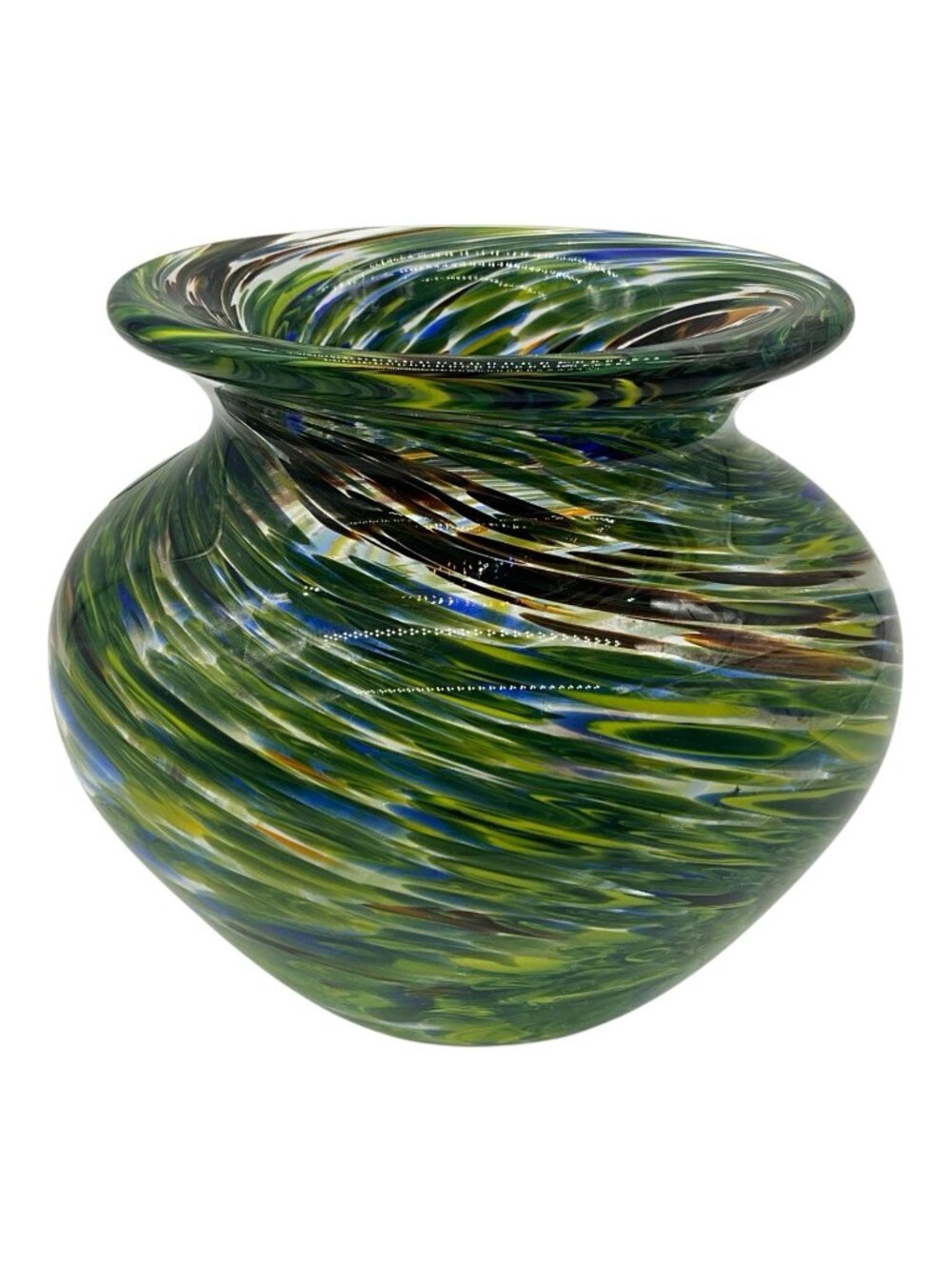 Hand Blown Art Glass Vase by Cavalier Glass in Swirls of Blue, Green and Gold 5"